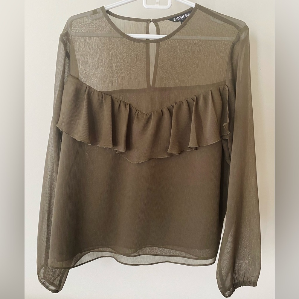 Express, Ruffle Blouse, Army Green, Olive, Semi Sheer, Size L, Date Night